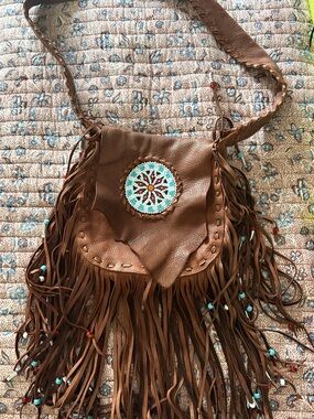 Brown Fringe Soft Leather Crossbody Bag with Beaded Medallion
